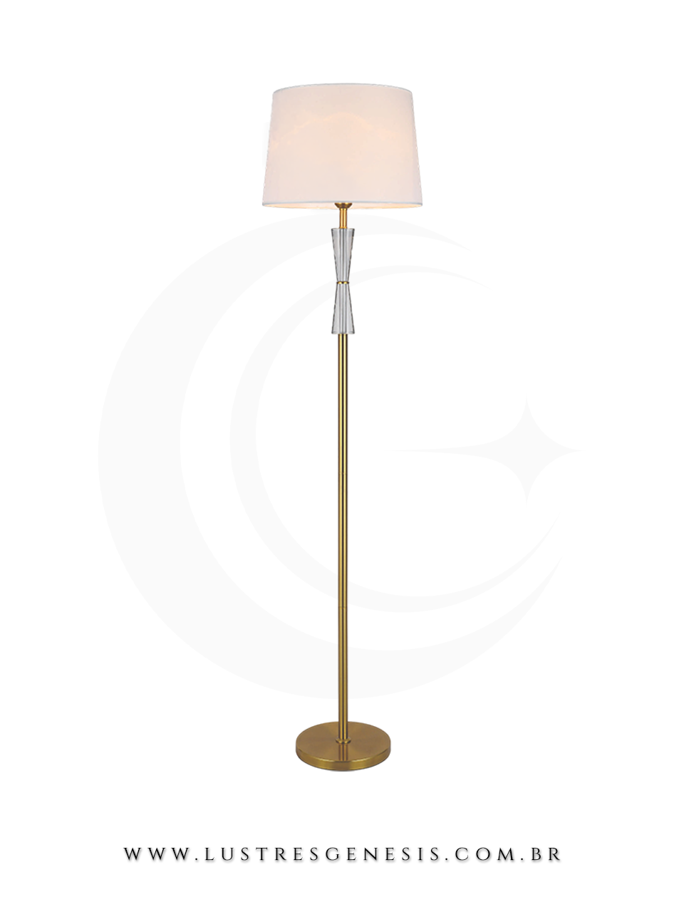 Abajur de chão coluna de metal bronze com detalhes em cristal e cúpula branca, modelo Vest, ideal para sala de estar e quartos